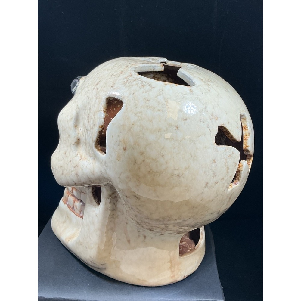 Ceramic Skull Candle Holder Halloween Decor Spider Bat Cutouts Mottled Glaze - Picture 6 of 10